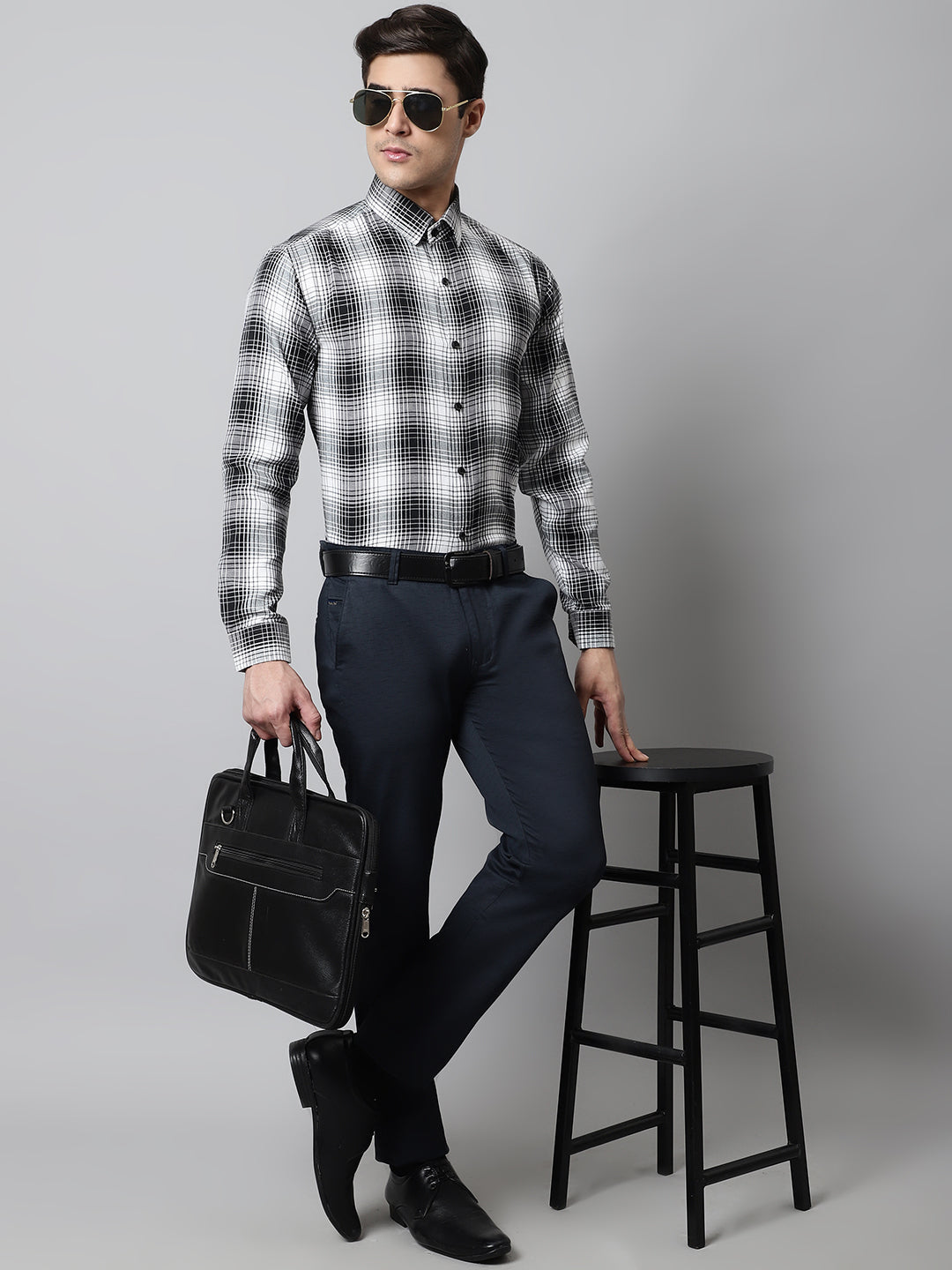 Jainish Men's Black Checks Regular Fit Cotton Formal Shirt