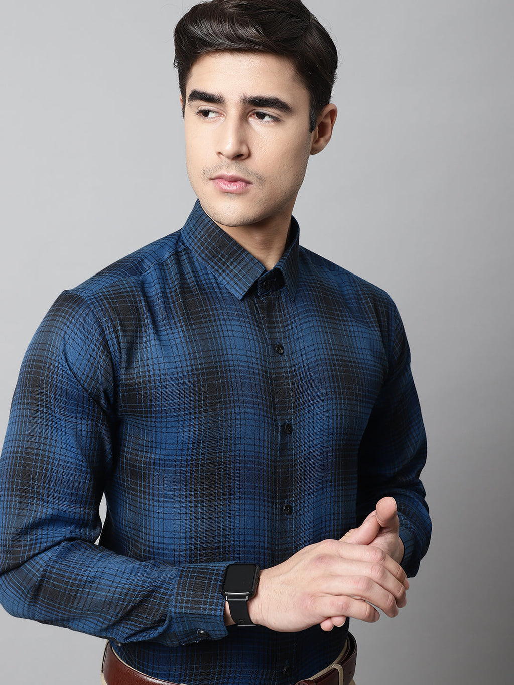 Jainish Men's Peacock Blue Checks Regular Fit Cotton Formal Shirt