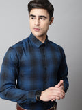 Jainish Men's Peacock Blue Checks Regular Fit Cotton Formal Shirt