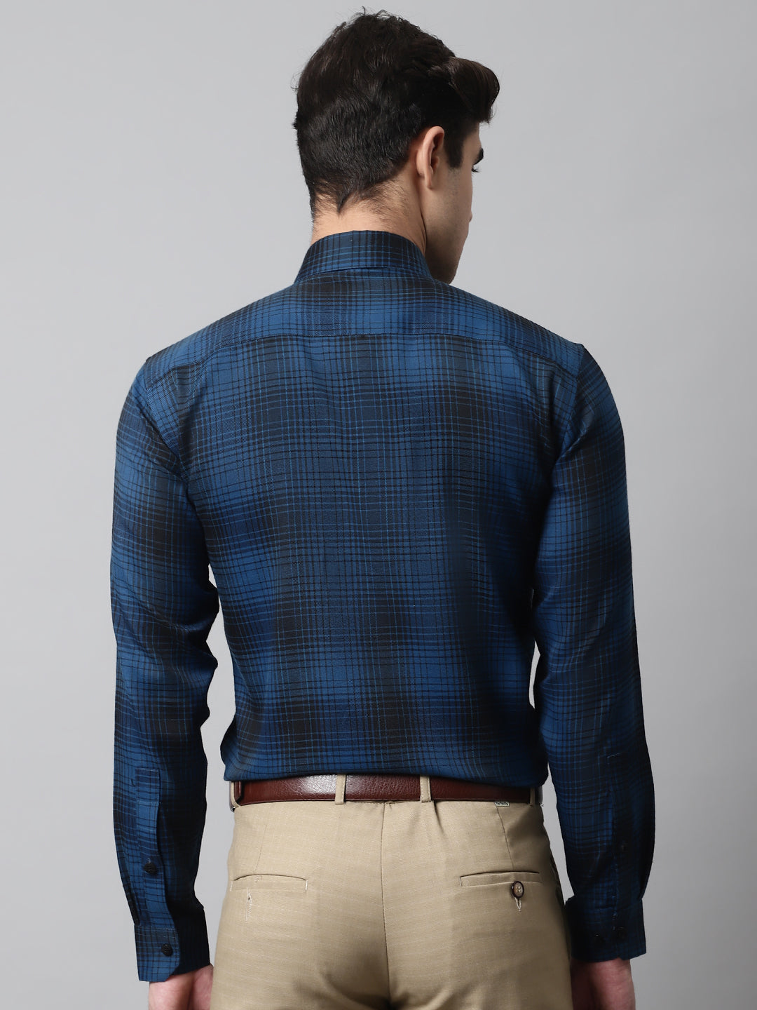 Jainish Men's Peacock Blue Checks Regular Fit Cotton Formal Shirt