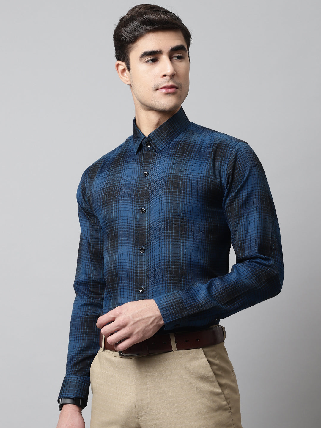 Jainish Men's Peacock Blue Checks Regular Fit Cotton Formal Shirt