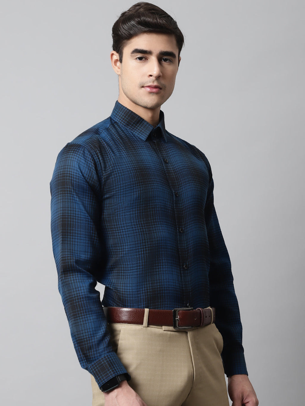 Jainish Men's Peacock Blue Checks Regular Fit Cotton Formal Shirt