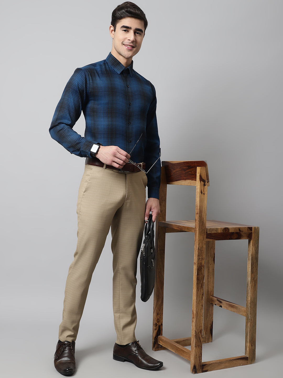 Jainish Men's Peacock Blue Checks Regular Fit Cotton Formal Shirt