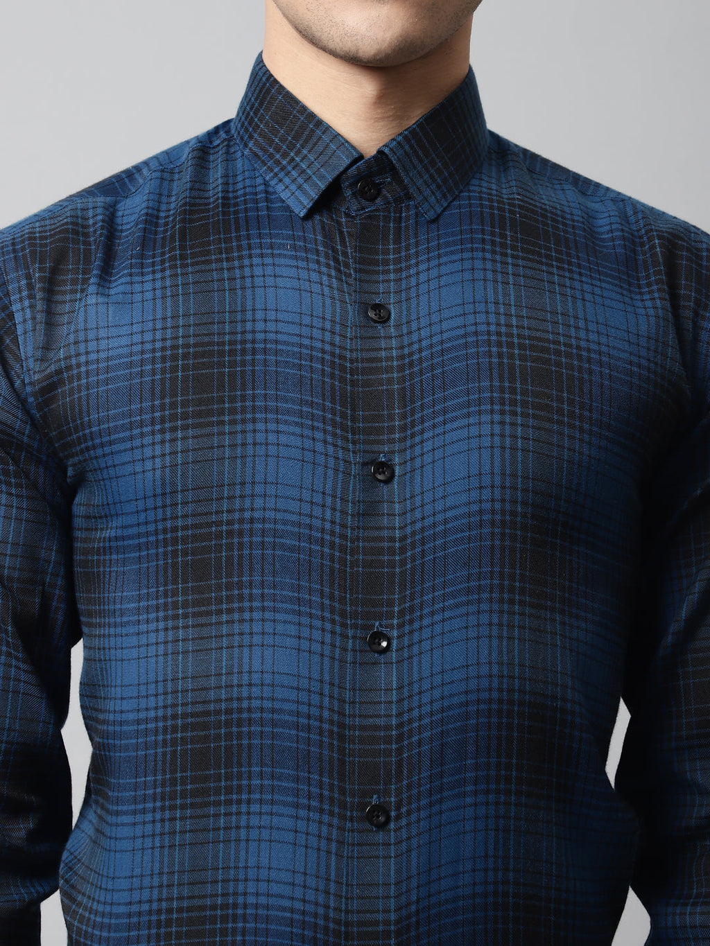 Jainish Men's Peacock Blue Checks Regular Fit Cotton Formal Shirt
