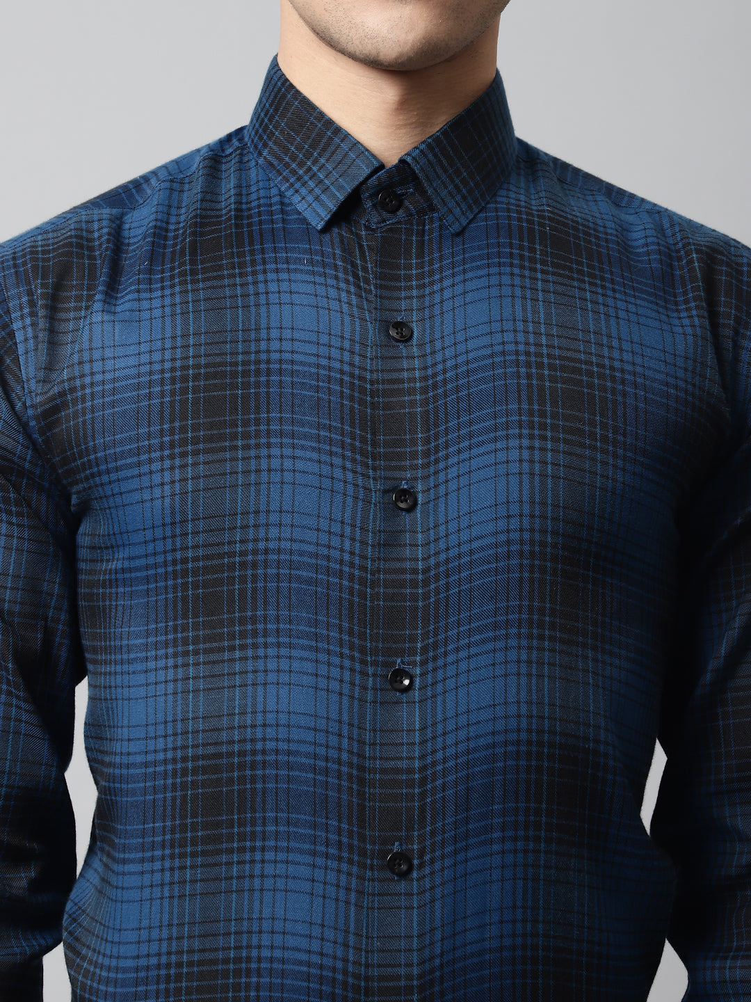 Jainish Men's Peacock Blue Checks Regular Fit Cotton Formal Shirt