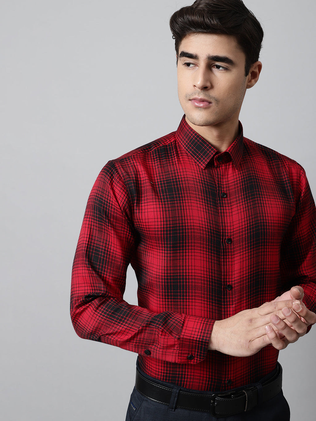 Jainish Men's Red Checks Regular Fit Cotton Formal Shirt