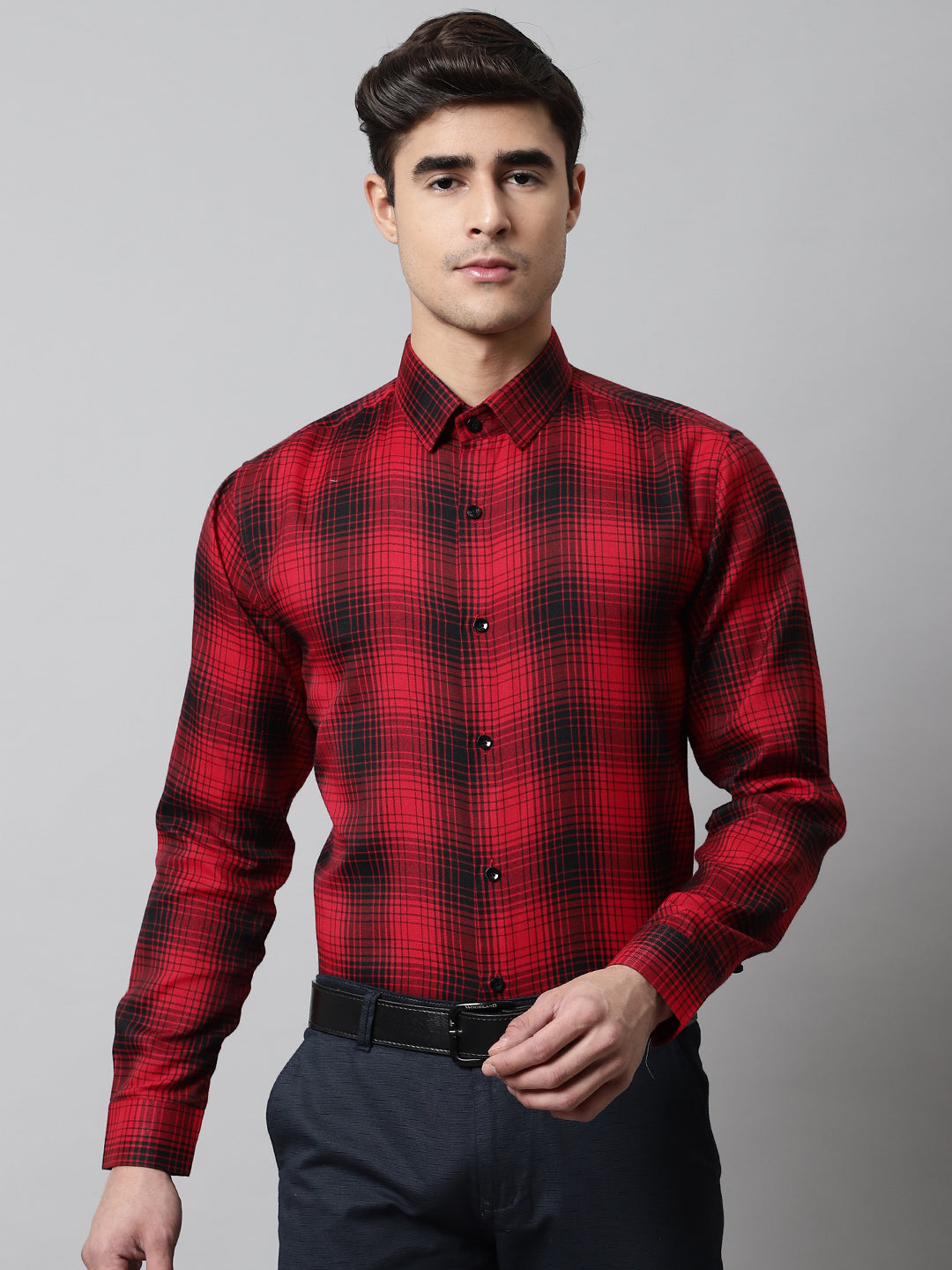 Jainish Men's Red Checks Regular Fit Cotton Formal Shirt