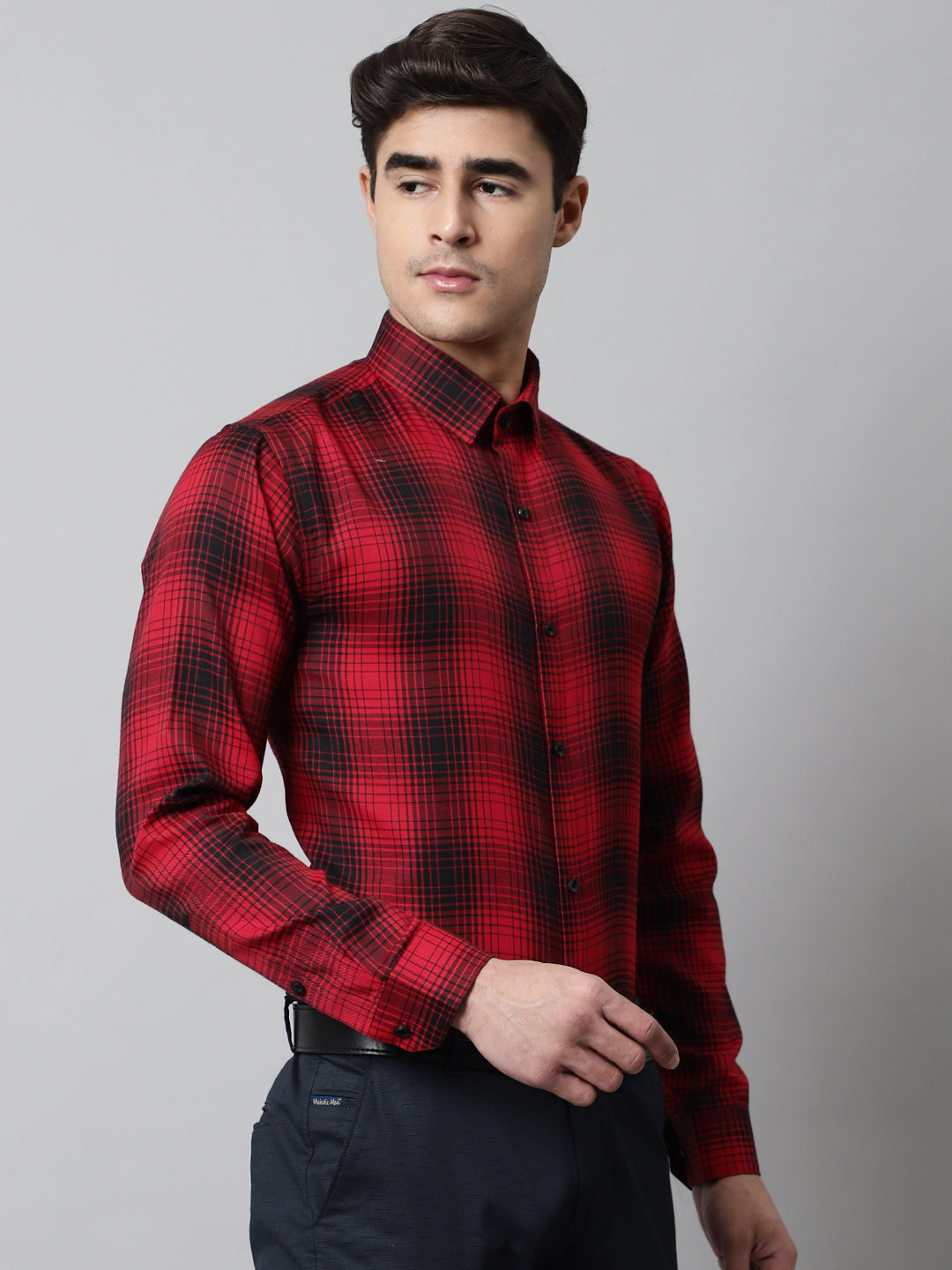 Jainish Men's Red Checks Regular Fit Cotton Formal Shirt