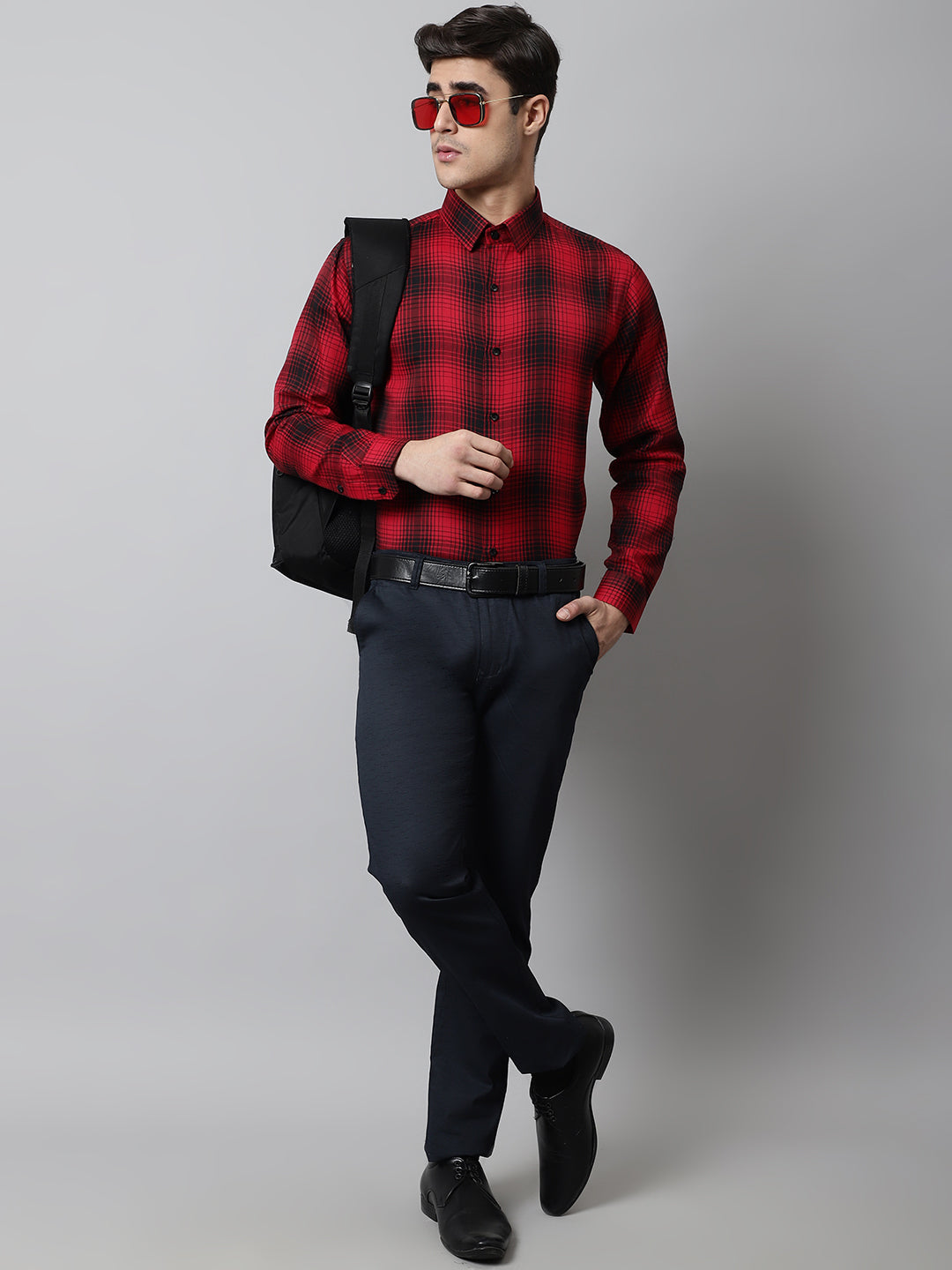 Jainish Men's Red Checks Regular Fit Cotton Formal Shirt