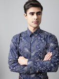 Jainish Men's Navy Blue Classic Printed Formal Shirt