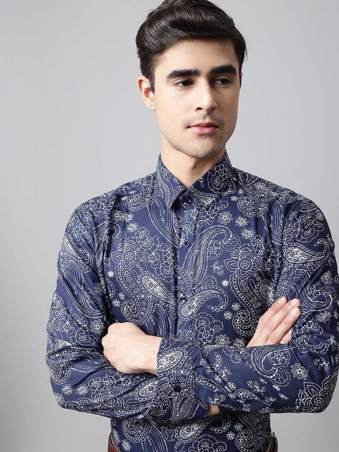 Jainish Men's Navy Blue Classic Printed Formal Shirt