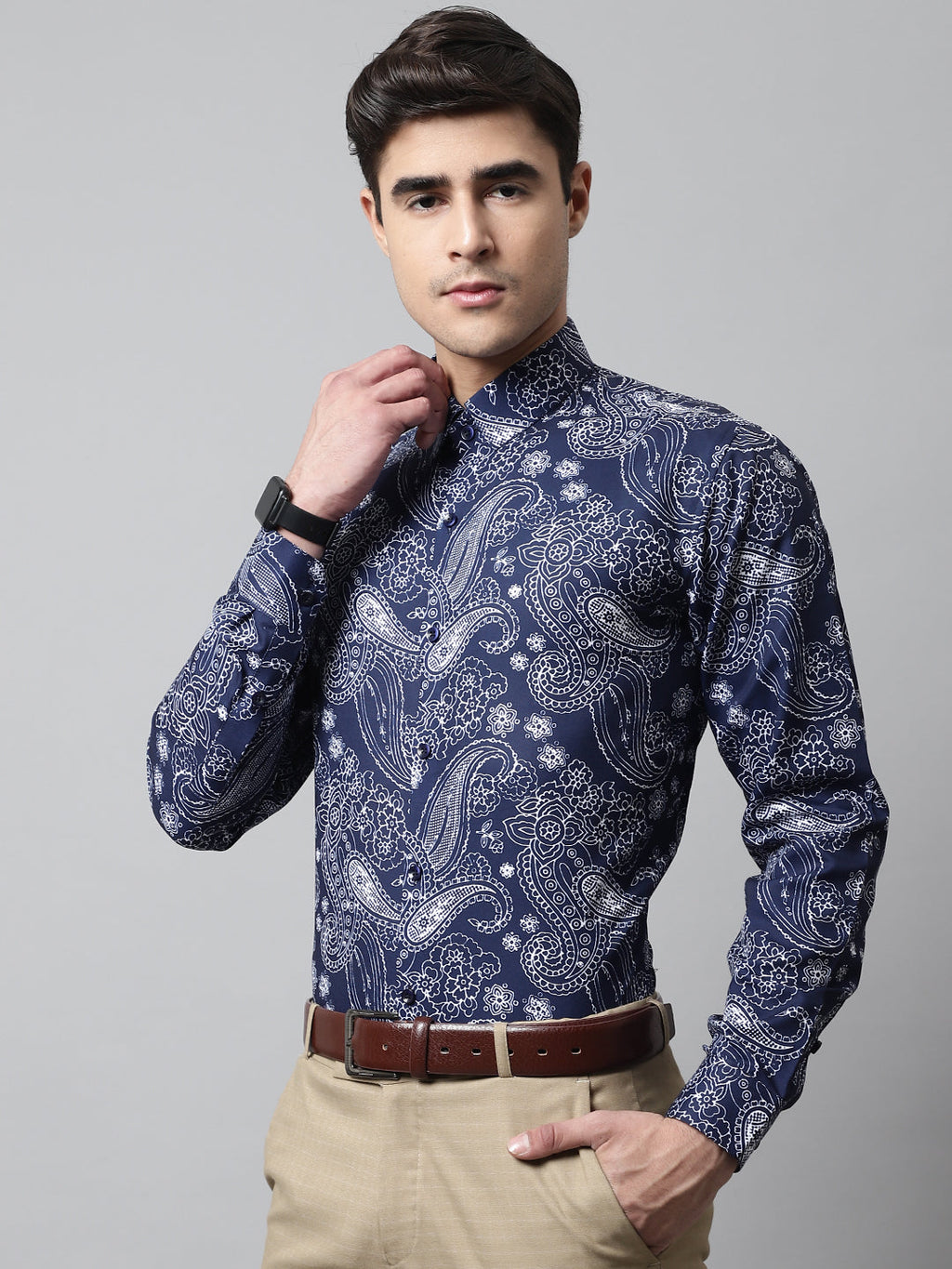 Jainish Men's Navy Blue Classic Printed Formal Shirt