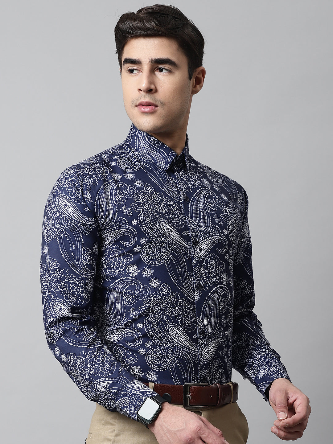 Jainish Men's Navy Blue Classic Printed Formal Shirt