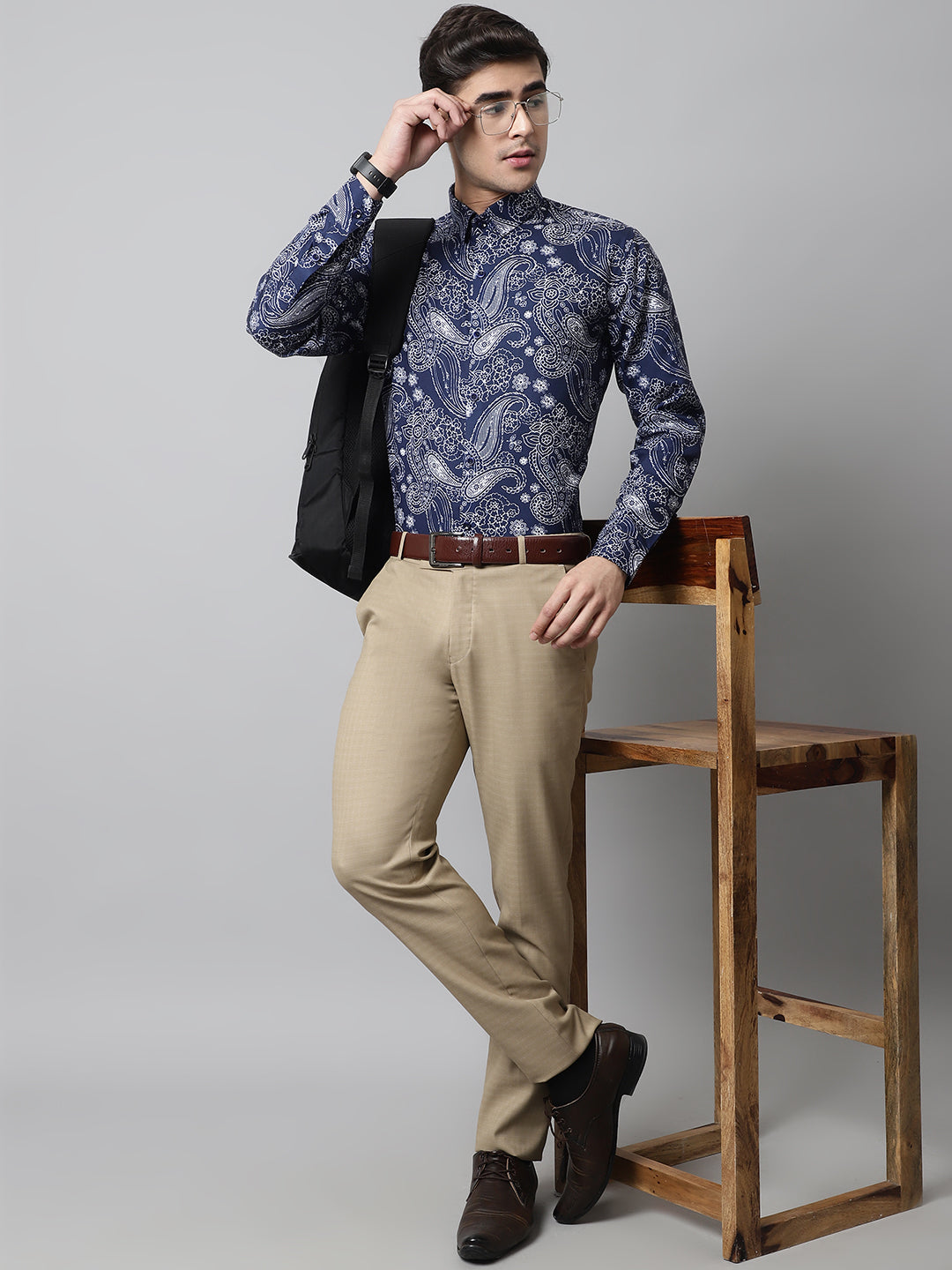 Jainish Men's Navy Blue Classic Printed Formal Shirt