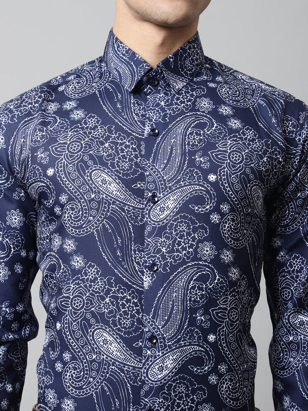 Jainish Men's Navy Blue Classic Printed Formal Shirt