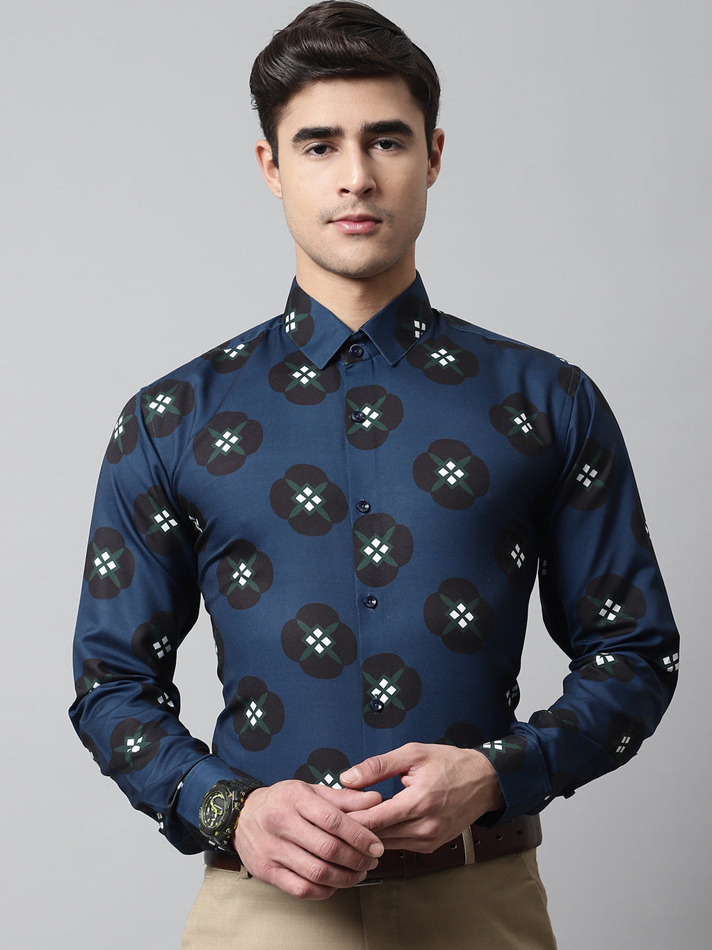 Jainish Men's Blue Classic Printed Formal Shirt