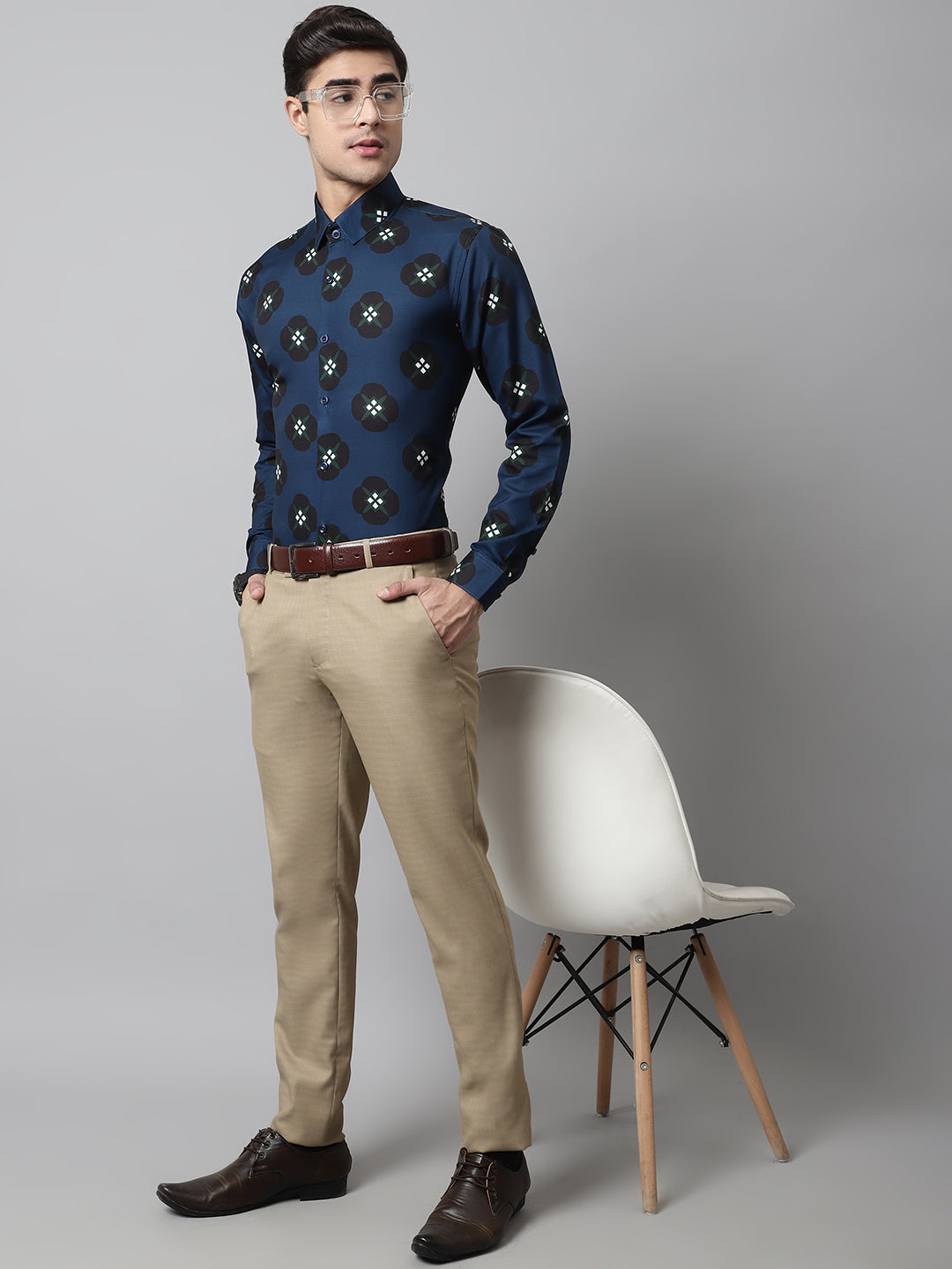 Jainish Men's Blue Classic Printed Formal Shirt