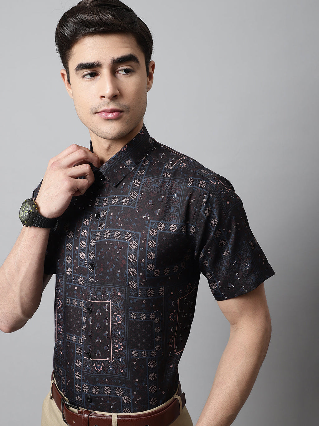 Jainish Men's Black Classic Printed Formal Shirt