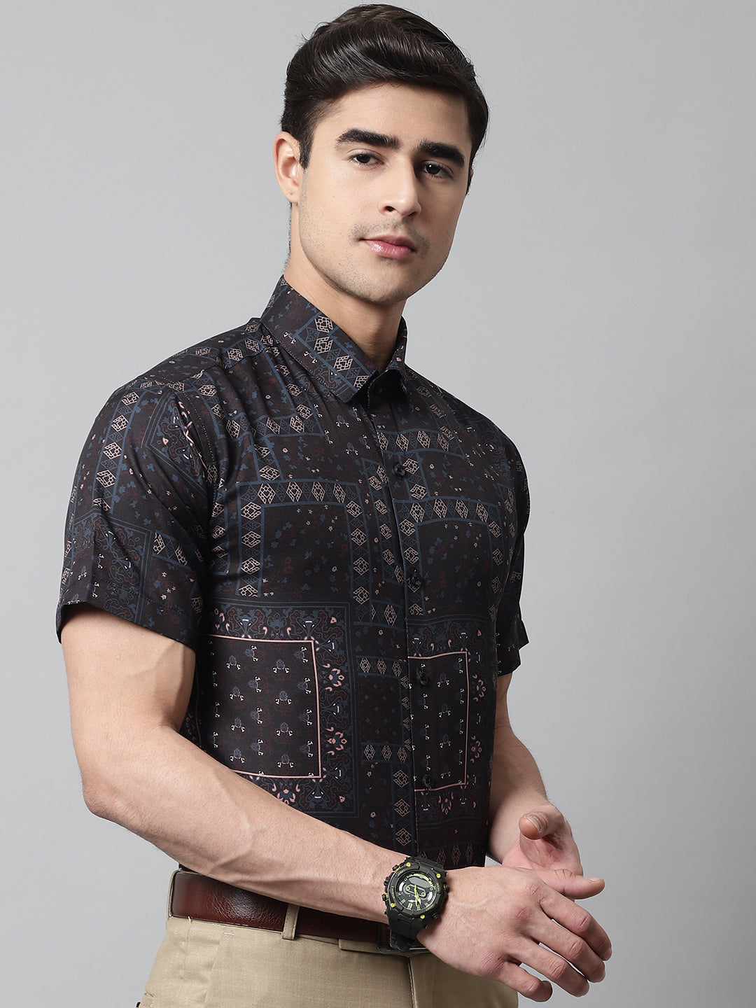 Jainish Men's Black Classic Printed Formal Shirt