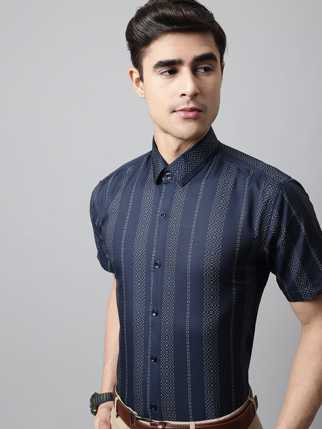 Jainish Men's Navy Blue Classic Printed Formal Shirt