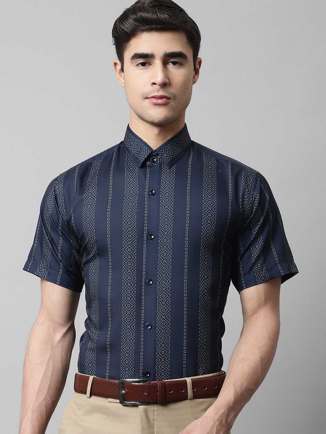 Jainish Men's Navy Blue Classic Printed Formal Shirt