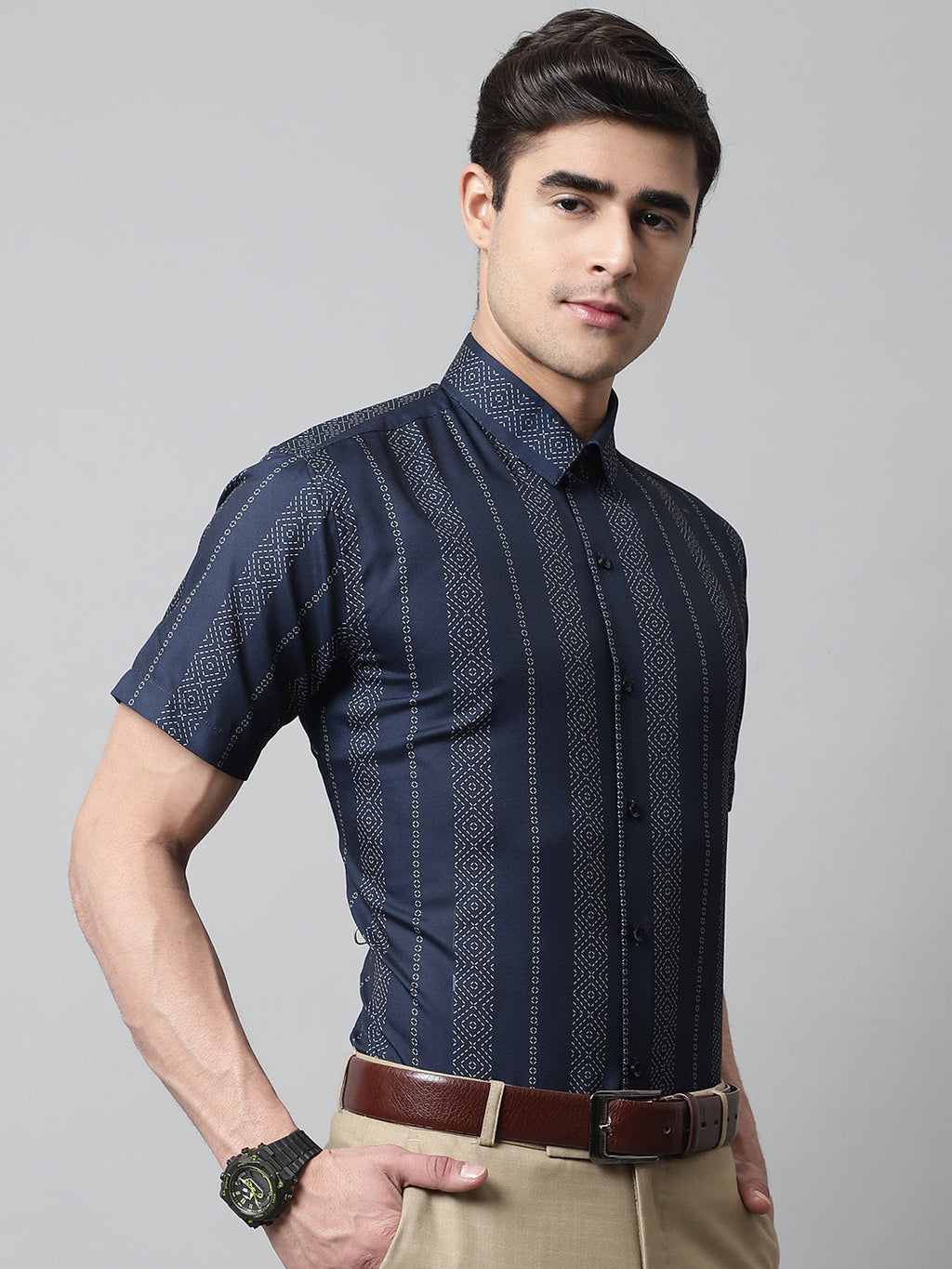 Jainish Men's Navy Blue Classic Printed Formal Shirt