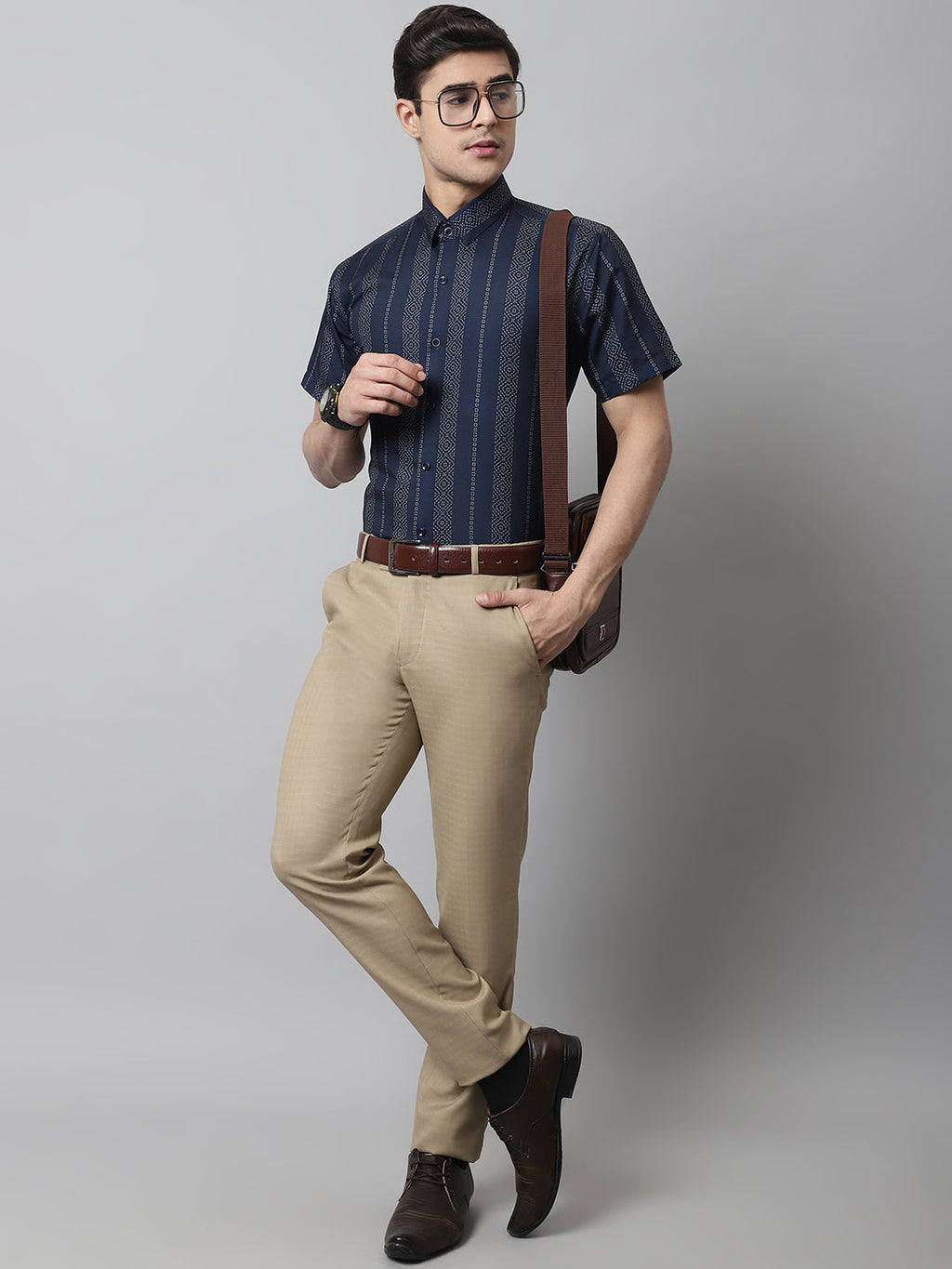 Jainish Men's Navy Blue Classic Printed Formal Shirt