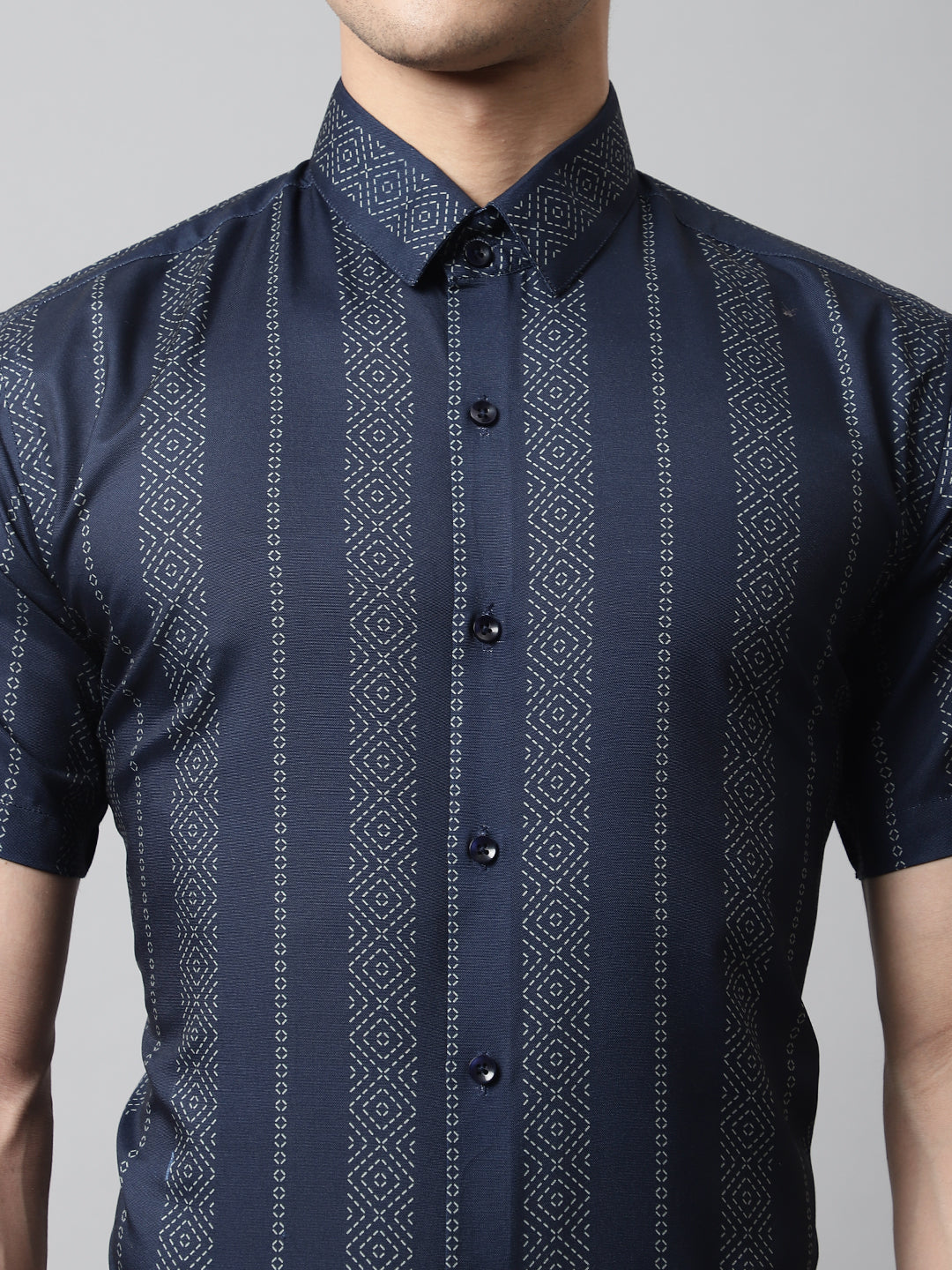 Jainish Men's Navy Blue Classic Printed Formal Shirt