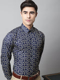 Jainish Men's Navy Blue Classic Printed Formal Shirt