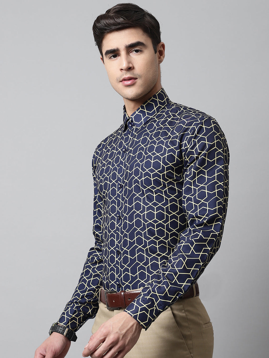 Jainish Men's Navy Blue Classic Printed Formal Shirt