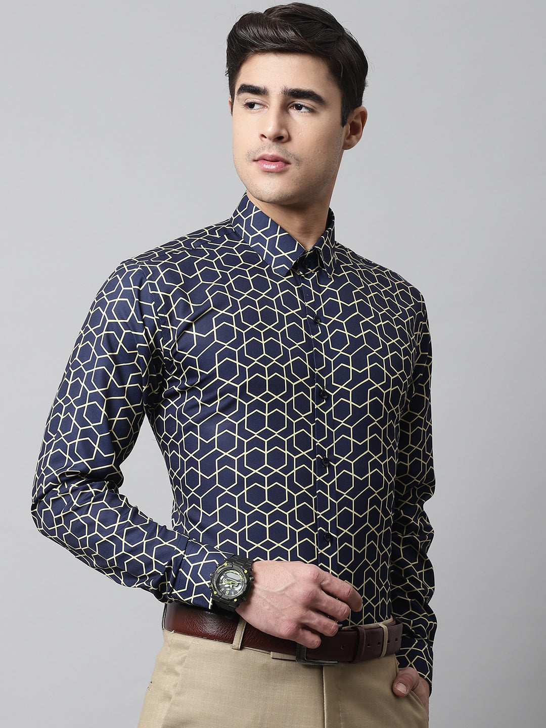Jainish Men's Navy Blue Classic Printed Formal Shirt
