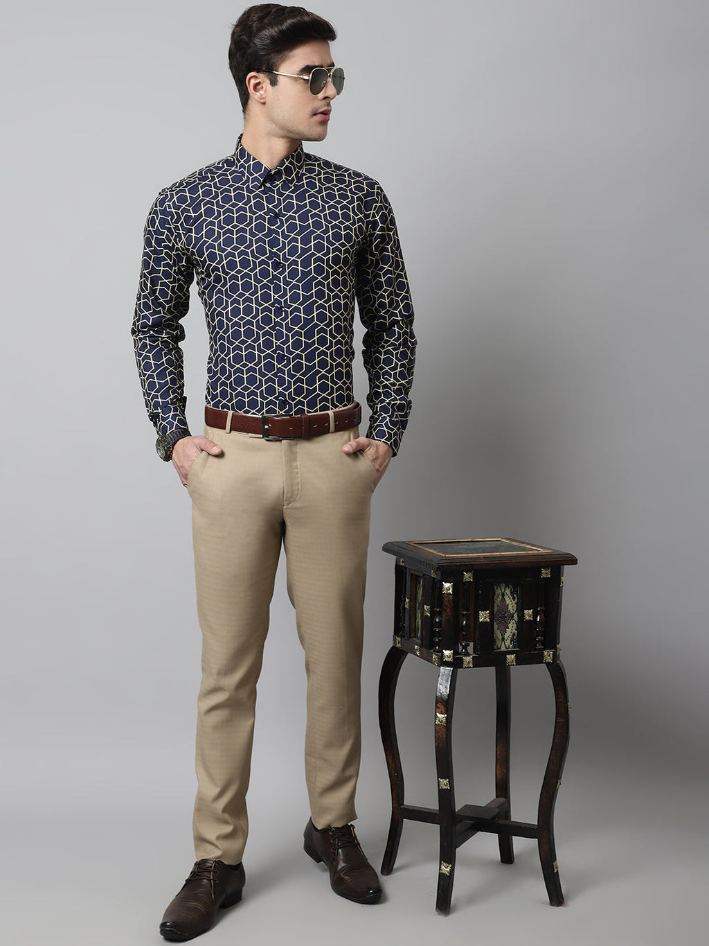 Jainish Men's Navy Blue Classic Printed Formal Shirt