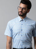 Jainish Men's Blue Woven Design Short Sleeves Formal Shirt