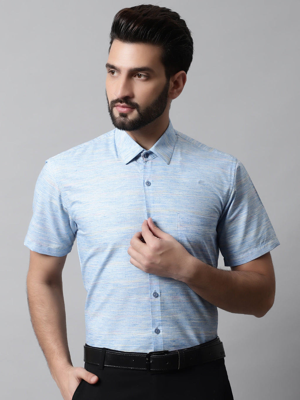 Jainish Men's Blue Woven Design Short Sleeves Formal Shirt