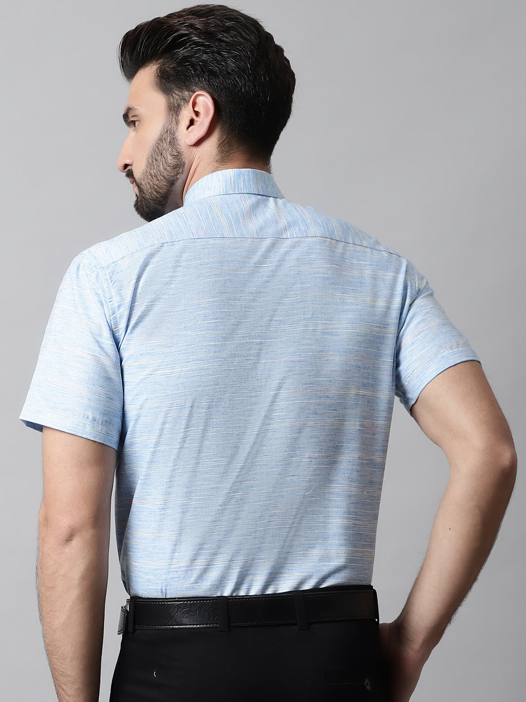 Jainish Men's Blue Woven Design Short Sleeves Formal Shirt