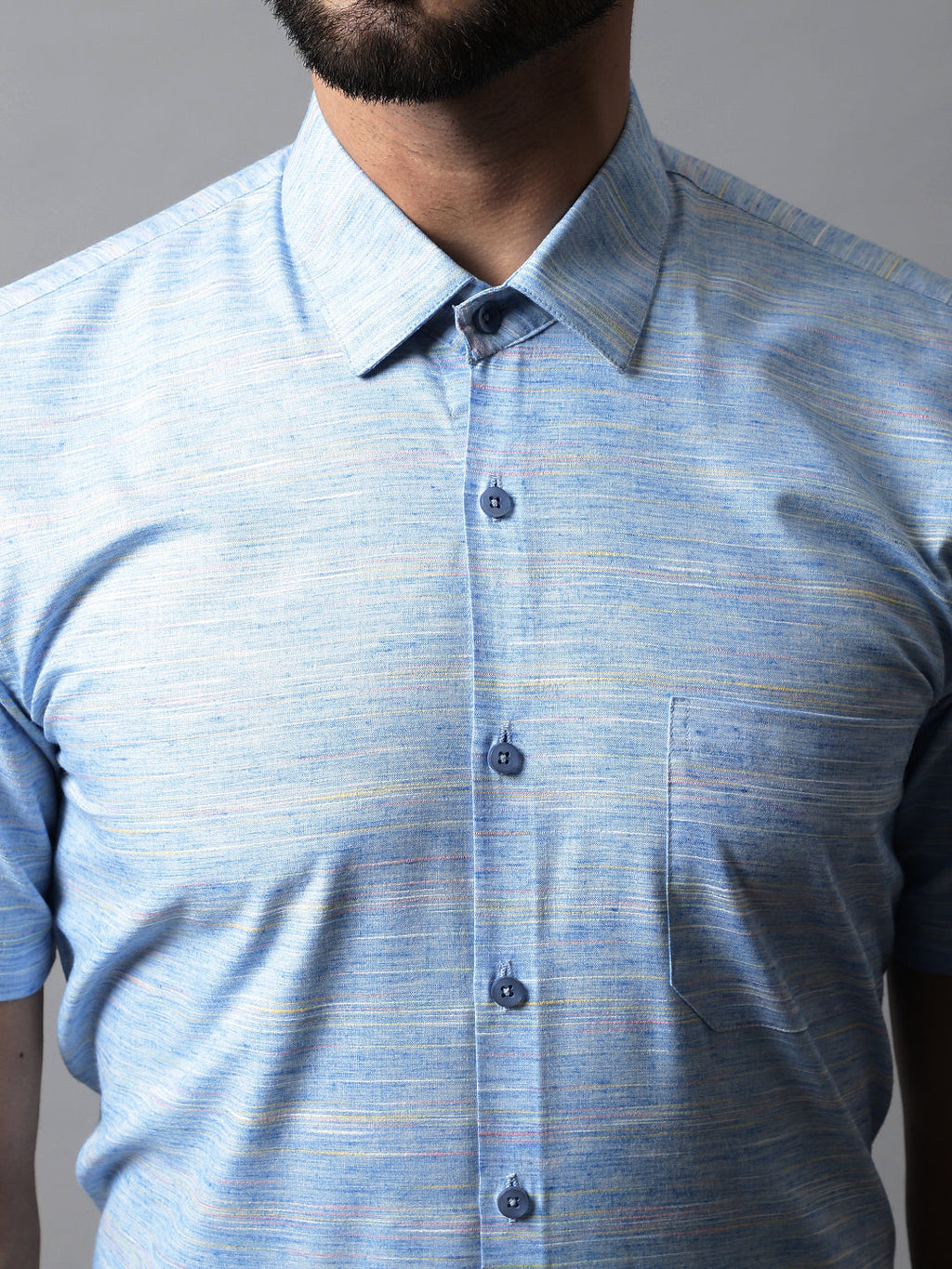 Jainish Men's Blue Woven Design Short Sleeves Formal Shirt