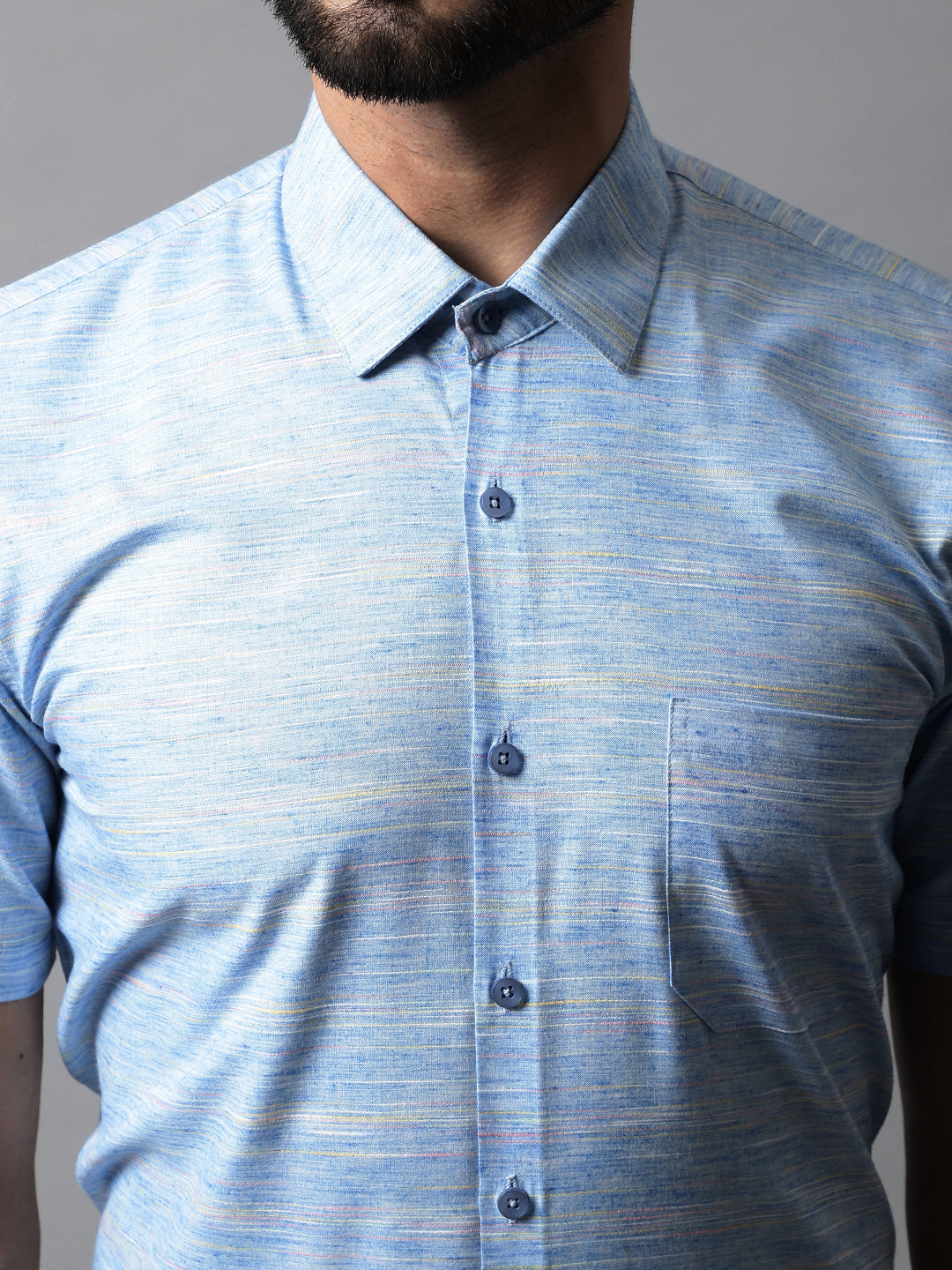 Jainish Men's Blue Woven Design Short Sleeves Formal Shirt