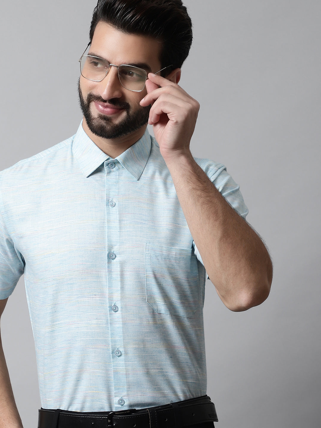 Jainish Men's Sky Blue Woven Design Short Sleeves Formal Shirt