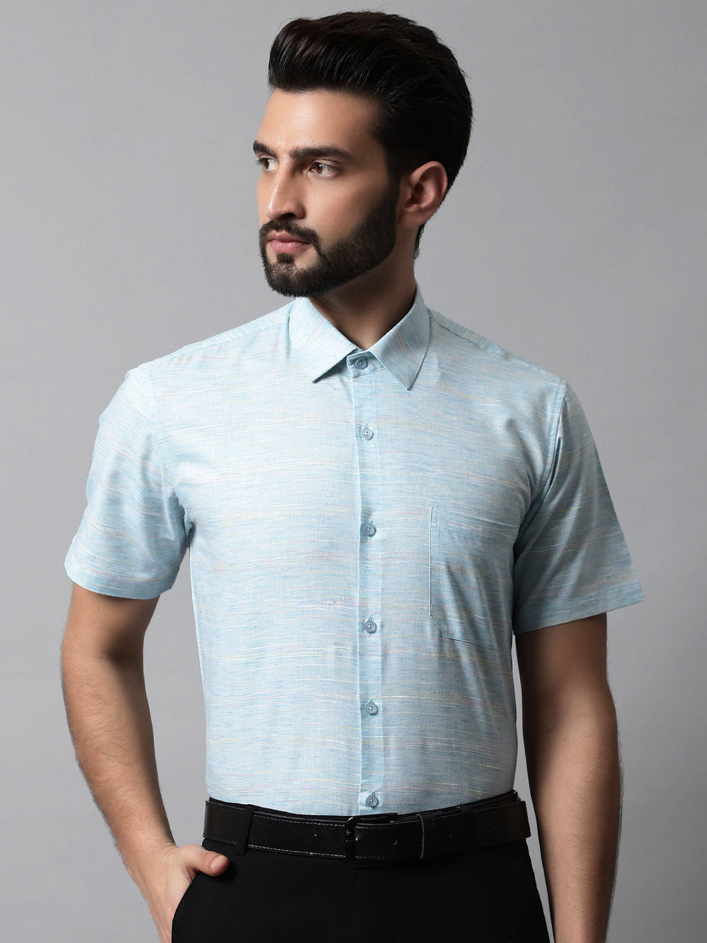 Jainish Men's Sky Blue Woven Design Short Sleeves Formal Shirt