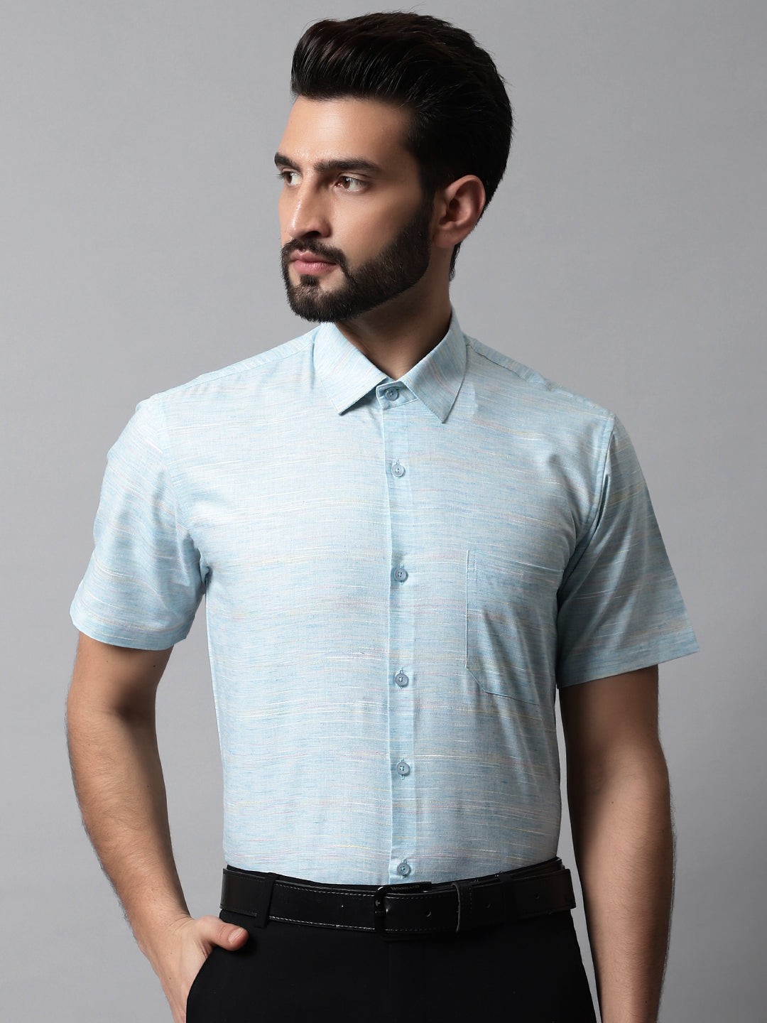 Jainish Men's Sky Blue Woven Design Short Sleeves Formal Shirt
