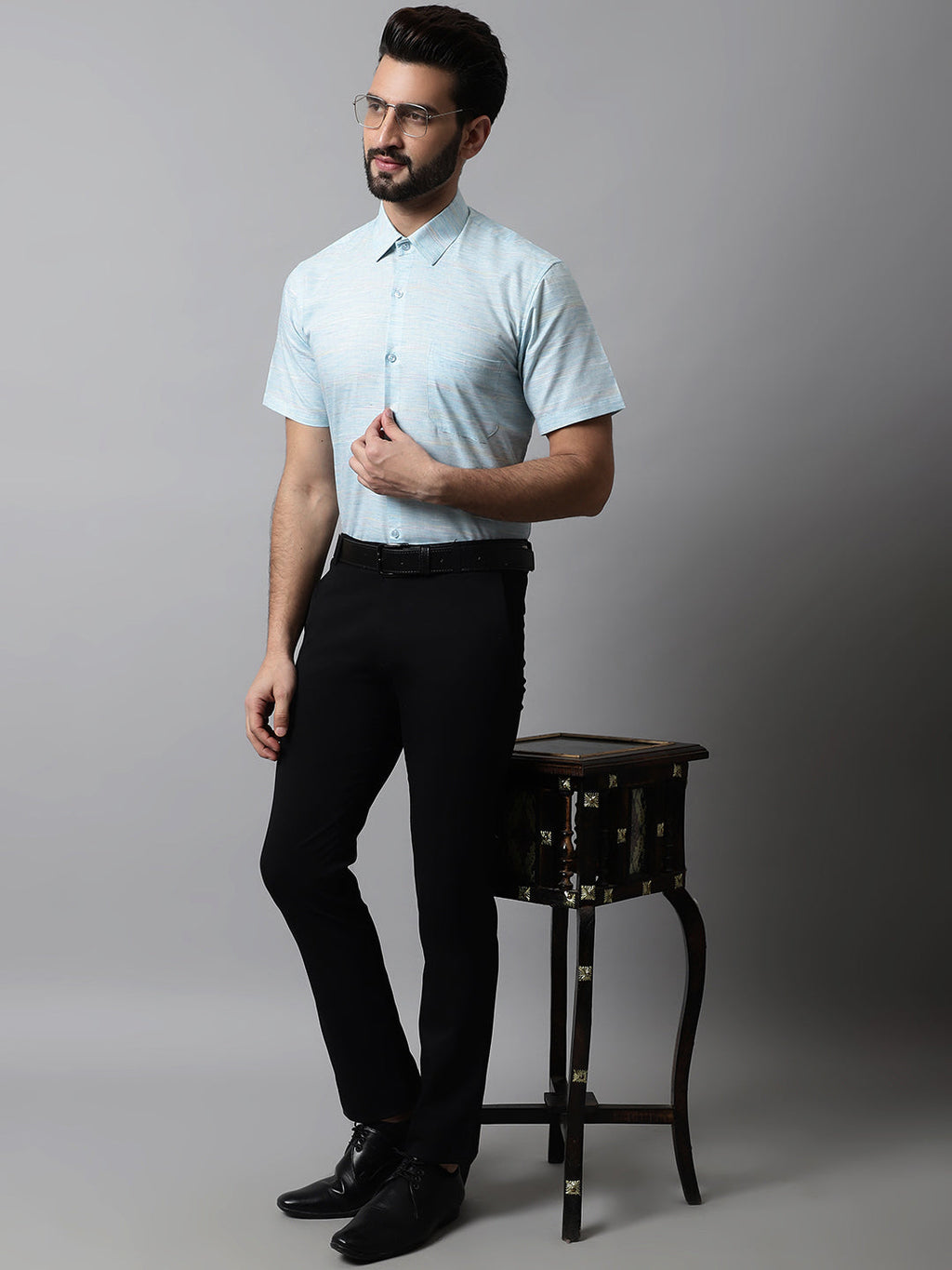 Jainish Men's Sky Blue Woven Design Short Sleeves Formal Shirt