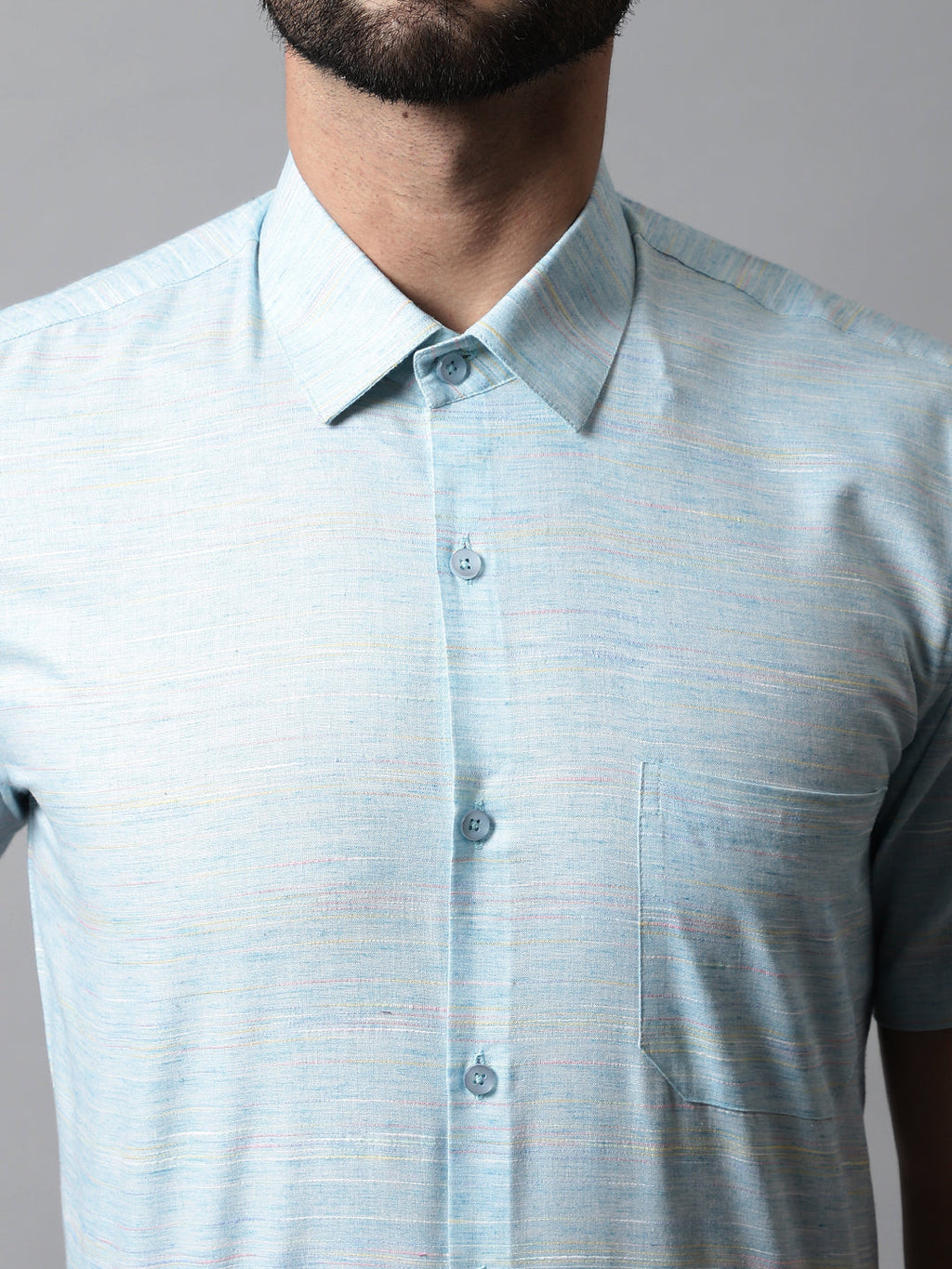 Jainish Men's Sky Blue Woven Design Short Sleeves Formal Shirt