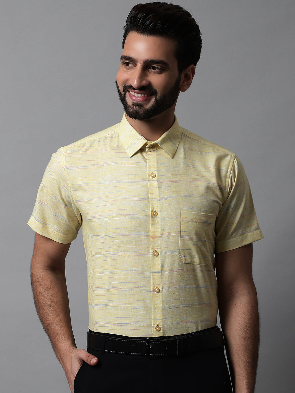 Jainish Men's Yellow Woven Design Short Sleeves Formal Shirt