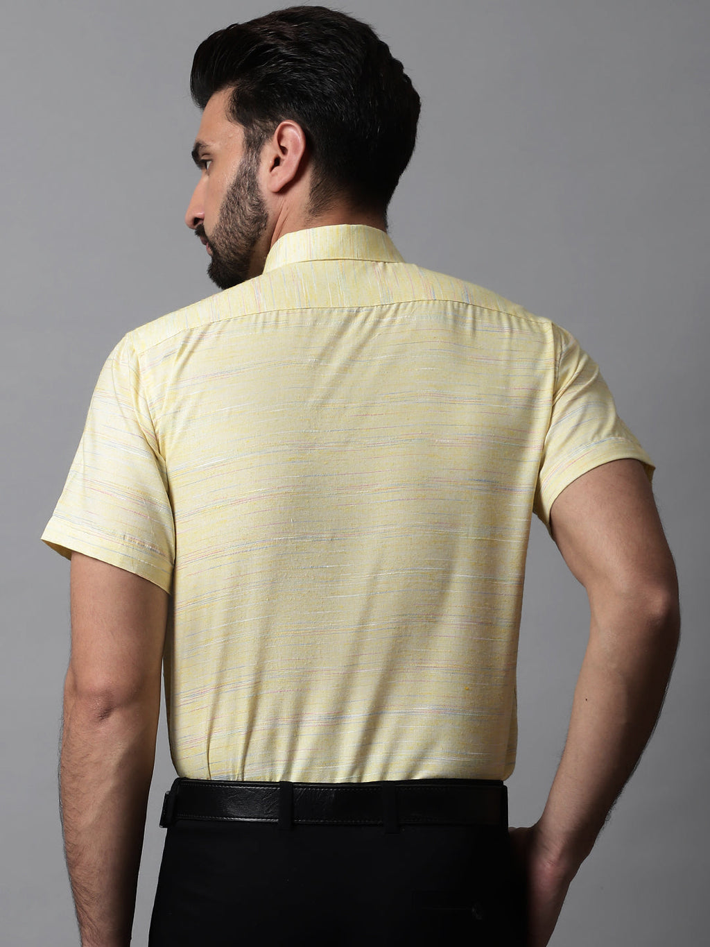Jainish Men's Yellow Woven Design Short Sleeves Formal Shirt