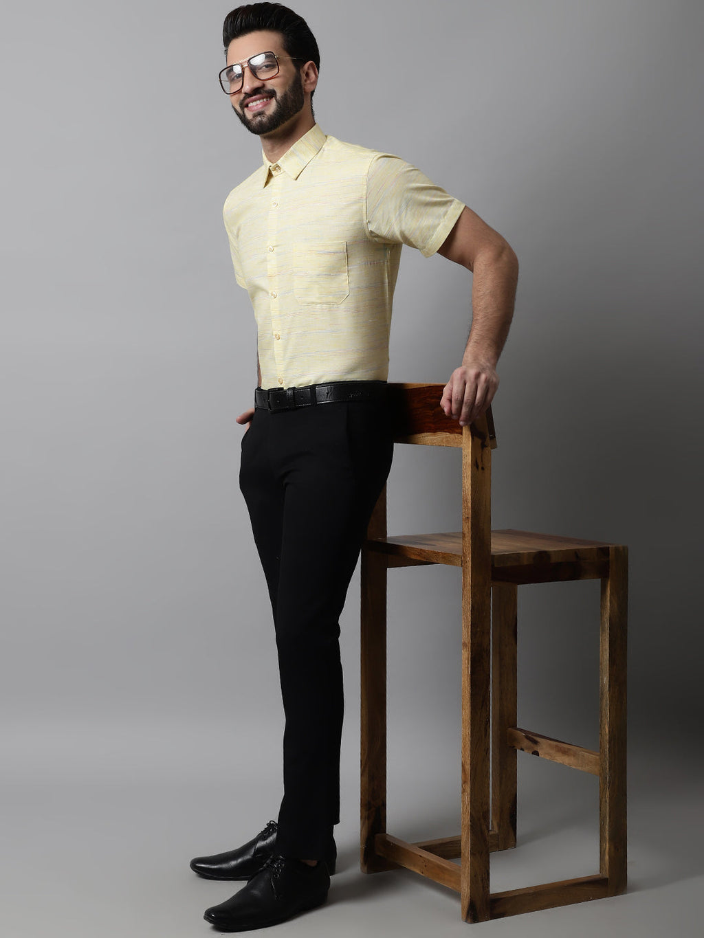 Jainish Men's Yellow Woven Design Short Sleeves Formal Shirt