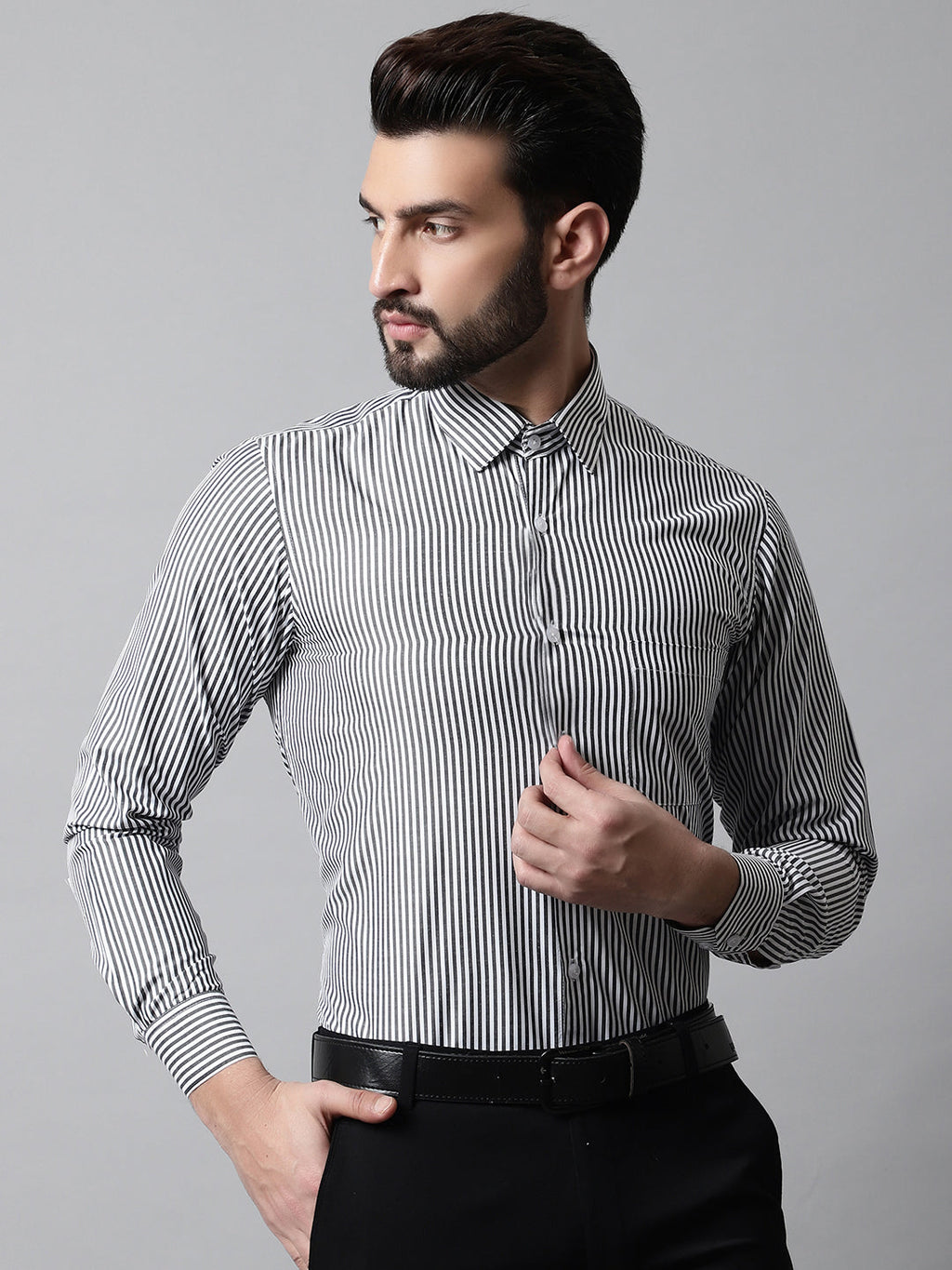 Jainish Men's Black & White Regular Fit Striped Formal Shirt