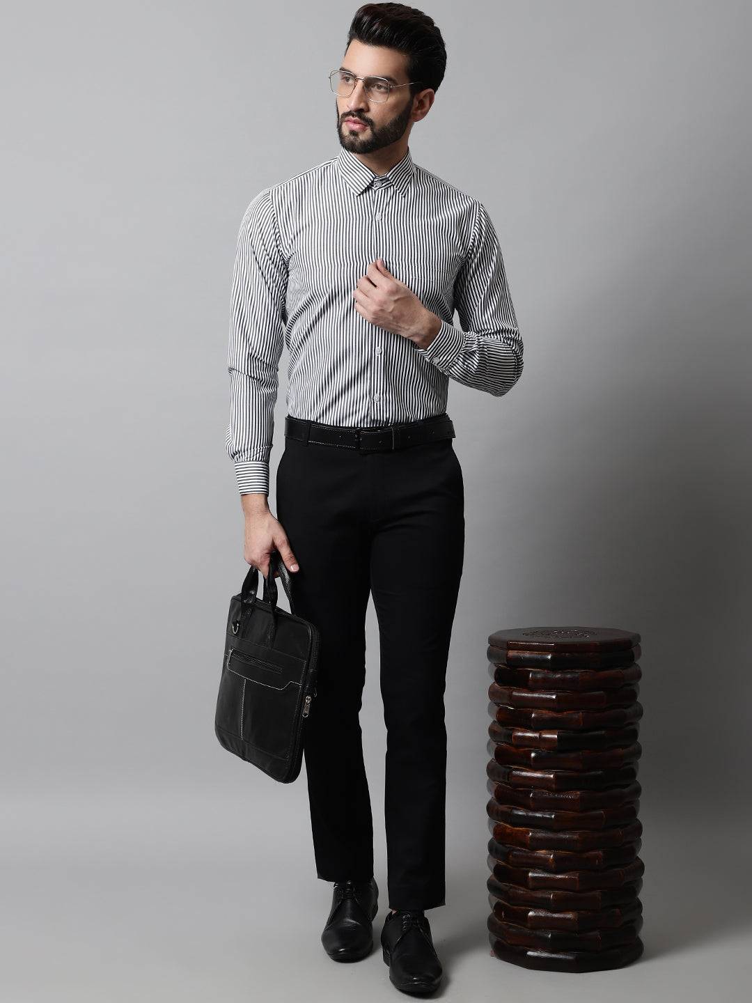 Jainish Men's Black & White Regular Fit Striped Formal Shirt