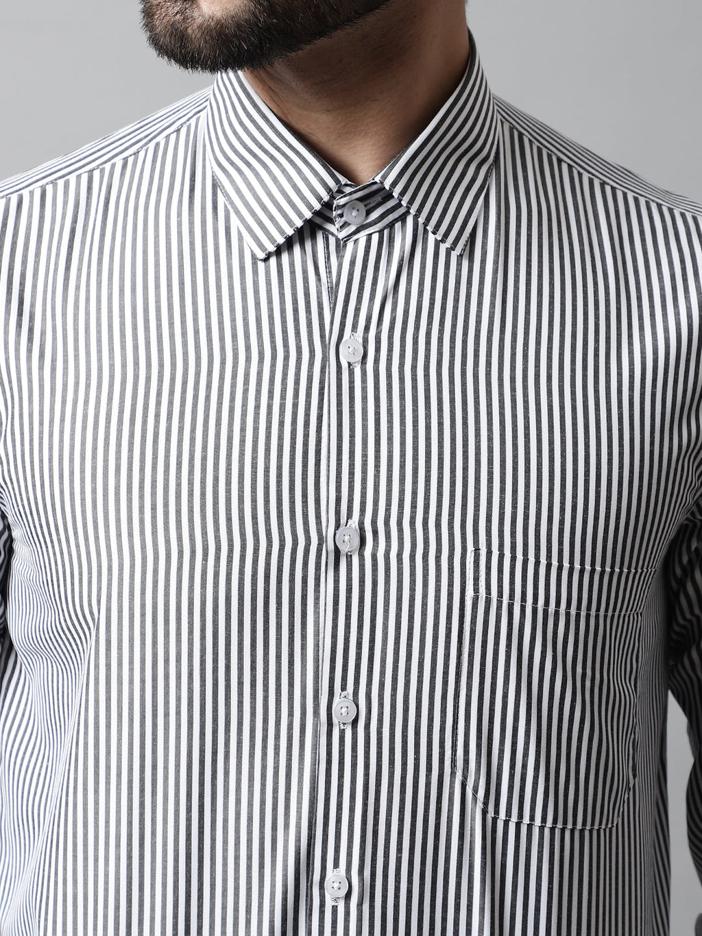 Jainish Men's Black & White Regular Fit Striped Formal Shirt