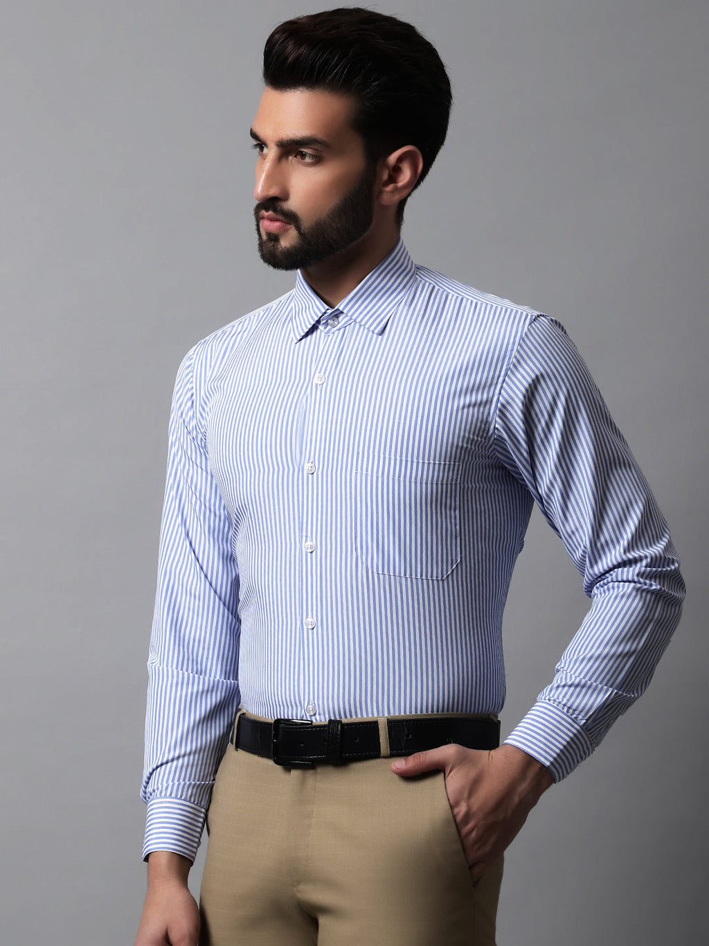 Jainish Men's Blue & White Regular Fit Striped Formal Shirt