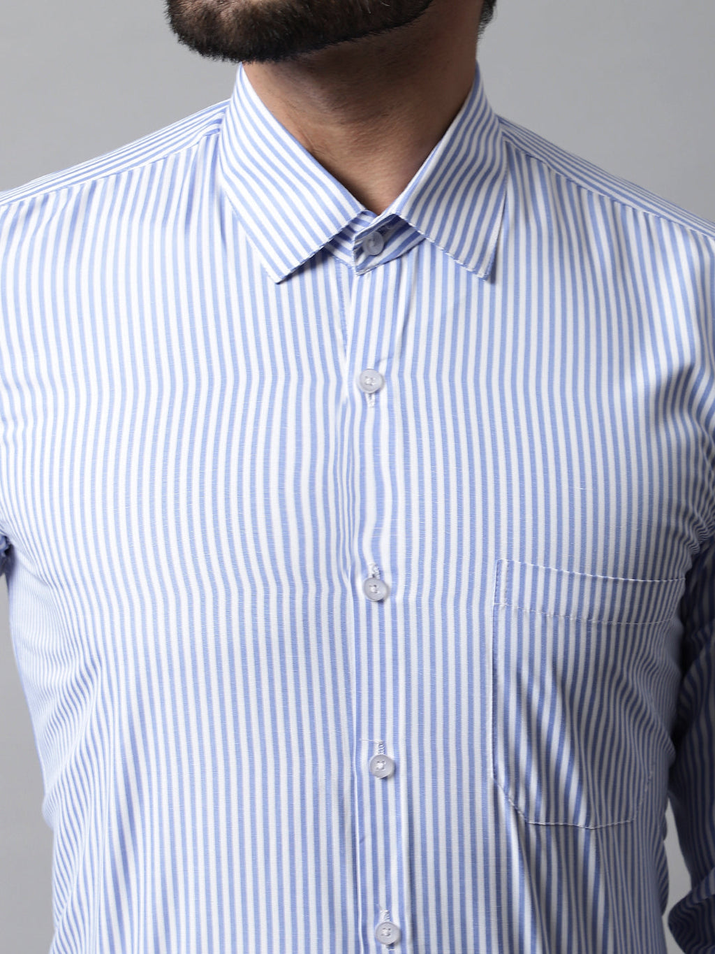 Jainish Men's Blue & White Regular Fit Striped Formal Shirt